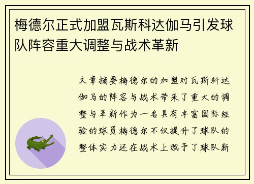 梅德尔正式加盟瓦斯科达伽马引发球队阵容重大调整与战术革新